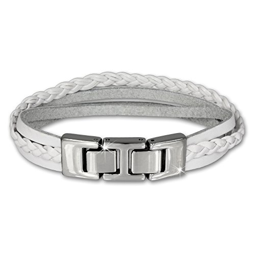 SilberDream Lederarmband weiß mit Zierkordeln und Edelstahl-Verschluss für Damen oder Herren Leder Stahl Armband Echtleder LAP003W