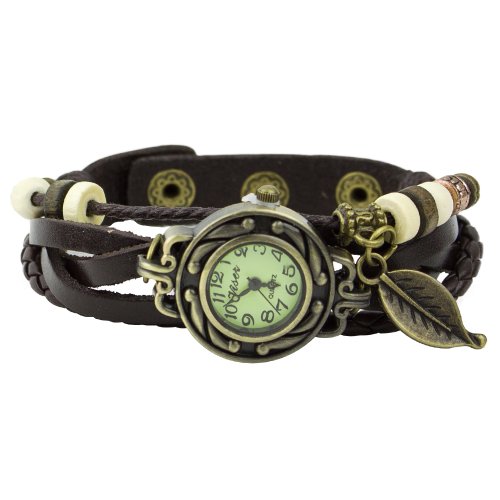 Damen Retro Baum Blatt Leder Armkette Armband Armbanduhr Uhren Uhr Watches Bunt