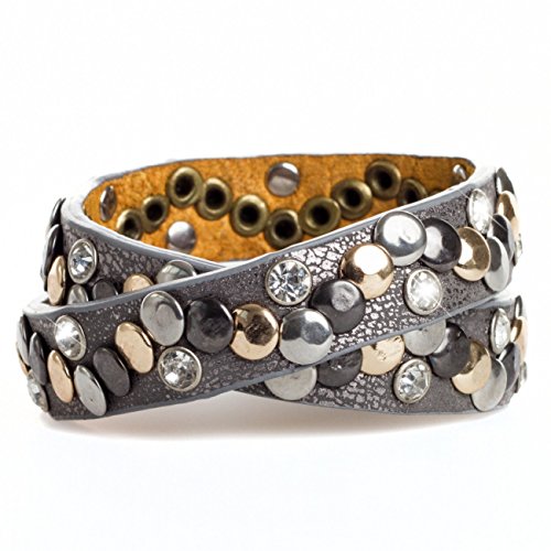 CASPAR Damen Vintage Nietenarmband / Armband mit verschiedenen NietenTeil Leder – viele Farben – AZ305, Farbe:dunkelsilber metallic