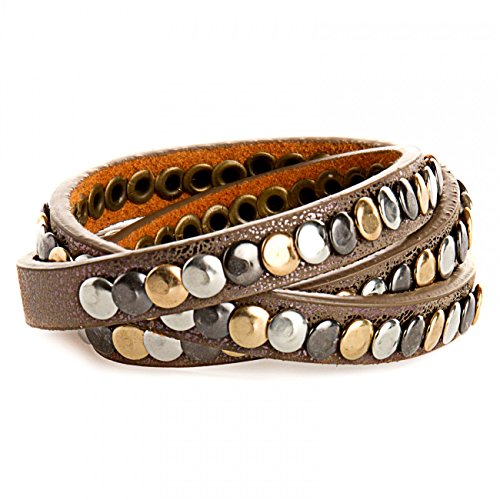 CASPAR Damen Leder Vintage Nietenarmband / Armband mit verschiedenen Nieten Teil LEDER – viele Farben – AZ304, Farbe:taupe metallic