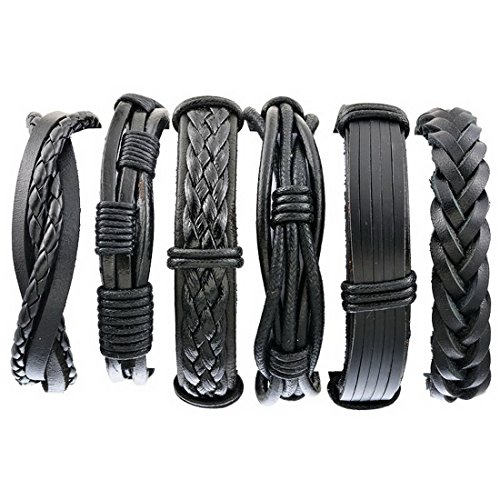 Herren Armband Set Lederarmbänder Geflochten Seil Armreifen aus Leder Größe Verstellbar 3 Stück (6 Stück Schwarz)